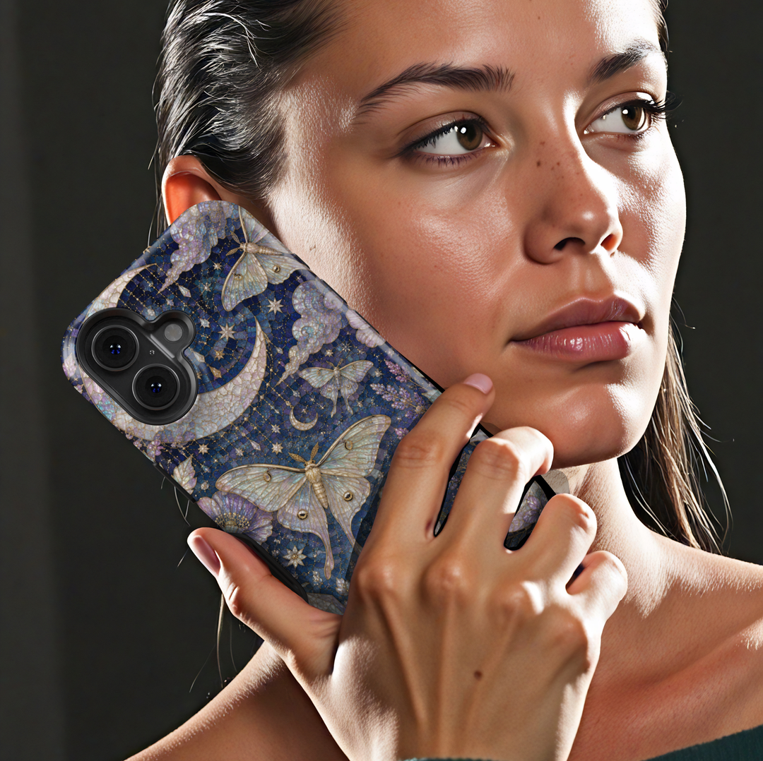 Celestial iPhone case featuring luna moths, crescent moon, stars, lavender flowers, clouds, and elegant midnight floral artwork.