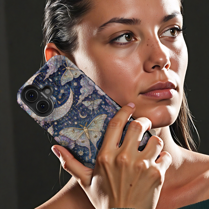 Celestial iPhone case featuring luna moths, crescent moon, stars, lavender flowers, clouds, and elegant midnight floral artwork.