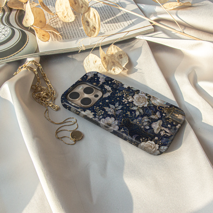 Midnight Halloween iPhone case featuring black cat, full moon, pearl roses, lantern, mushrooms, pumpkins, butterflies, and elegant gothic botanical artwork.