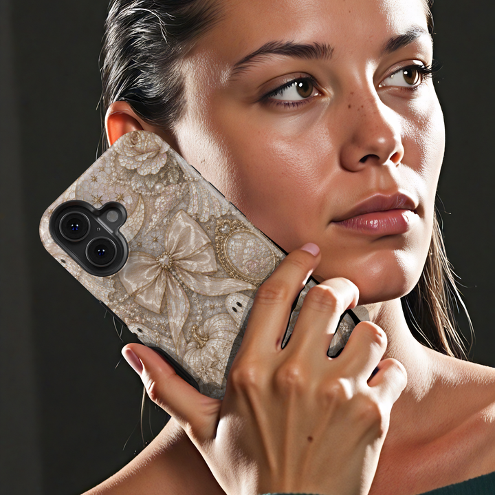 Elegant Ghost Coquette iPhone case featuring pearl ghost, satin bows, ivory pumpkins, vintage mirror, pearls, lace, and neutral Halloween décor.