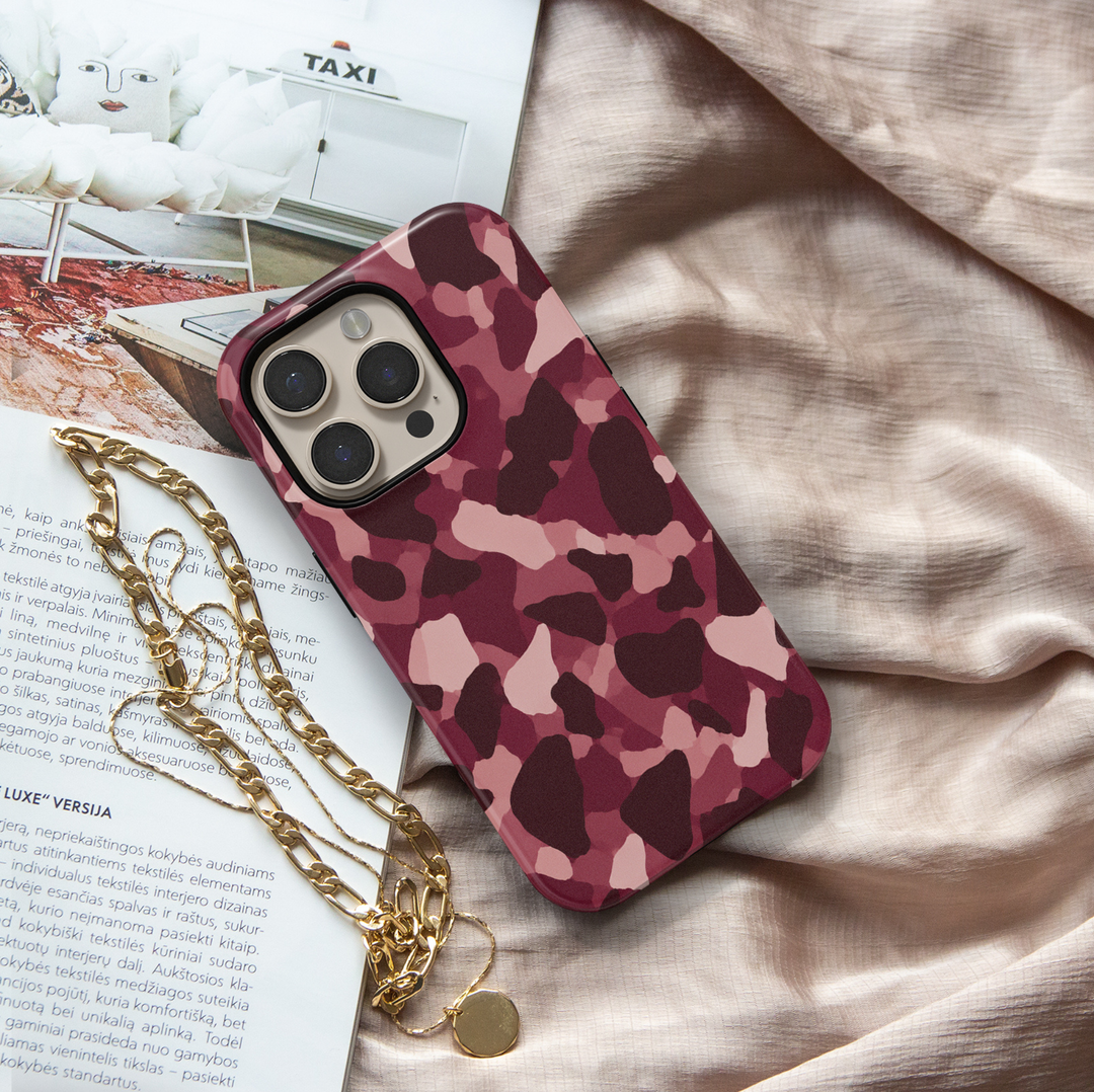 Crushed Velvet burgundy abstract iPhone 18 Pro Max MagSafe case featuring deep wine, dark cherry, berry, mauve and dusty pink organic camouflage shapes, a feminine aesthetic protective tough iPhone 18 Pro phone case with a modern abstract camo pattern and MagSafe compatibility.