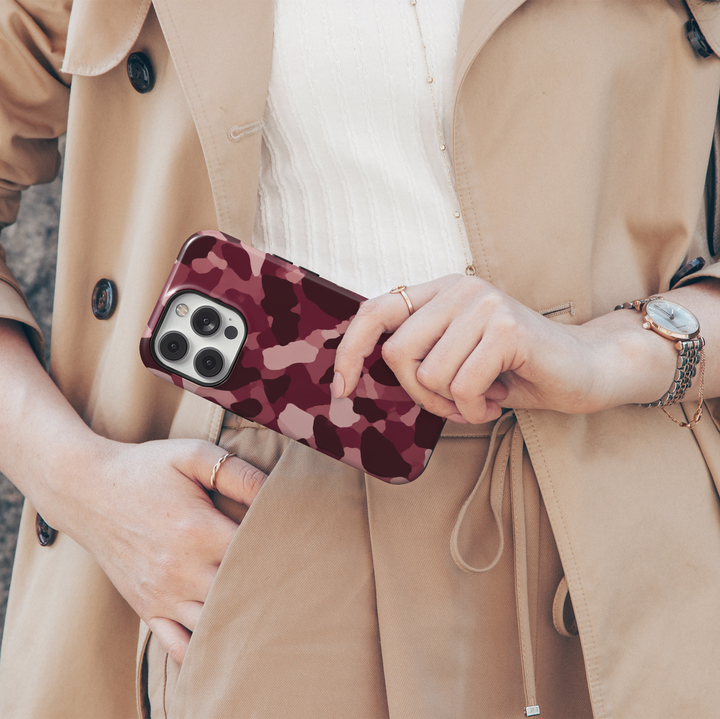 Crushed Velvet burgundy abstract iPhone 18 Pro Max MagSafe case featuring deep wine, dark cherry, berry, mauve and dusty pink organic camouflage shapes, a feminine aesthetic protective tough iPhone 18 Pro phone case with a modern abstract camo pattern and MagSafe compatibility.