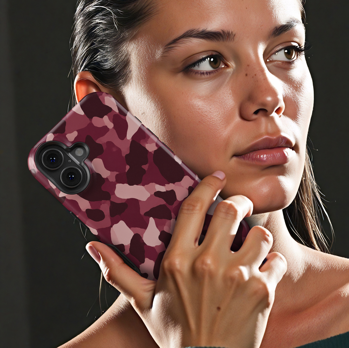 Crushed Velvet burgundy abstract iPhone 18 Pro Max MagSafe case featuring deep wine, dark cherry, berry, mauve and dusty pink organic camouflage shapes, a feminine aesthetic protective tough iPhone 18 Pro phone case with a modern abstract camo pattern and MagSafe compatibility.