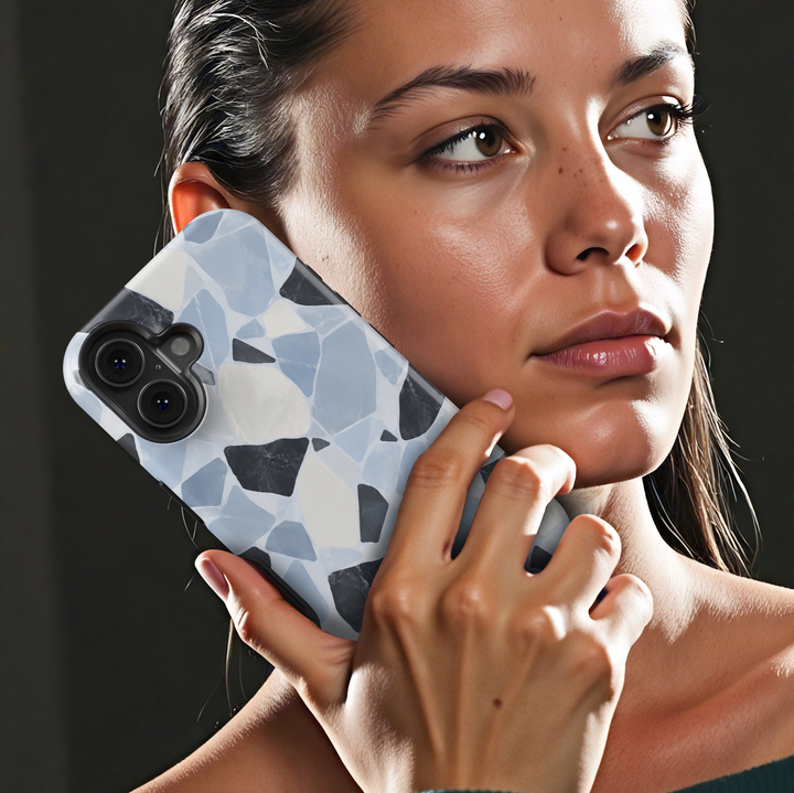Cold Stone blue terrazzo iPhone 18 Pro Max MagSafe case featuring icy powder blue, ivory and charcoal marble stone shapes, a modern luxury protective tough iPhone 18 Pro phone case with an abstract terrazzo design and MagSafe compatibility.