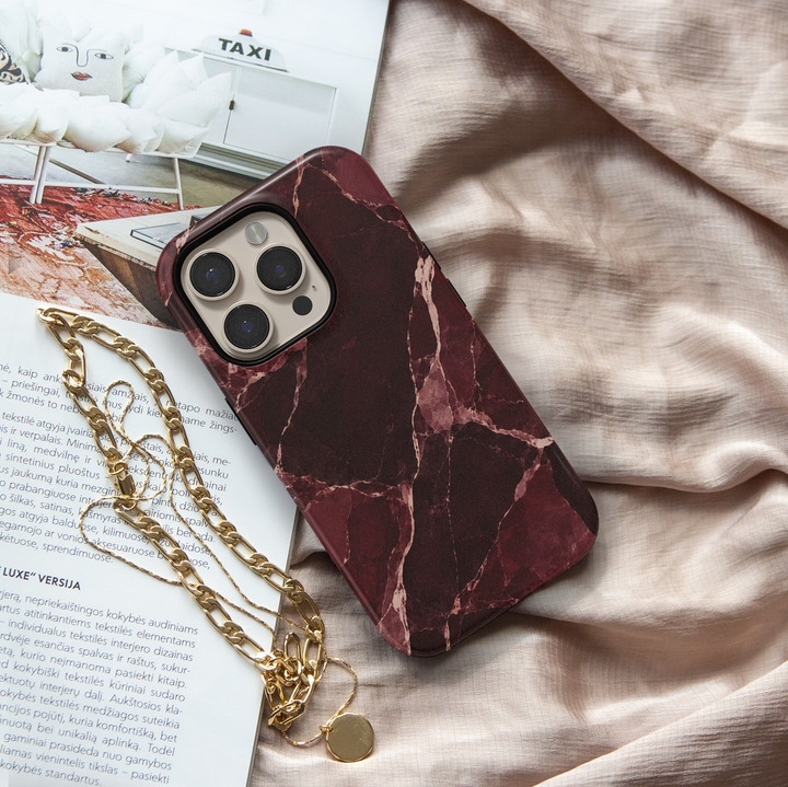 After Hours burgundy marble iPhone 18 Pro Max MagSafe case featuring deep wine, dark cherry and merlot marble with blush veining, an elegant luxury protective tough iPhone 18 Pro phone case with a sophisticated red marble design and MagSafe compatibility.