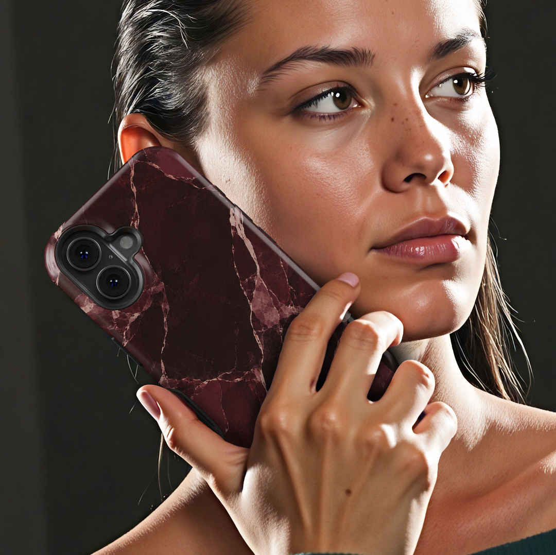 After Hours burgundy marble iPhone 18 Pro Max MagSafe case featuring deep wine, dark cherry and merlot marble with blush veining, an elegant luxury protective tough iPhone 18 Pro phone case with a sophisticated red marble design and MagSafe compatibility.