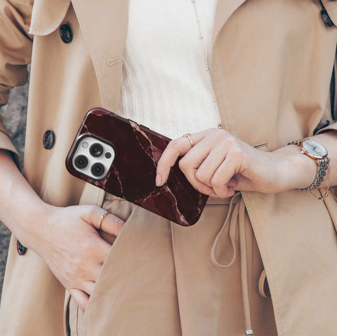 After Hours burgundy marble iPhone 18 Pro Max MagSafe case featuring deep wine, dark cherry and merlot marble with blush veining, an elegant luxury protective tough iPhone 18 Pro phone case with a sophisticated red marble design and MagSafe compatibility.