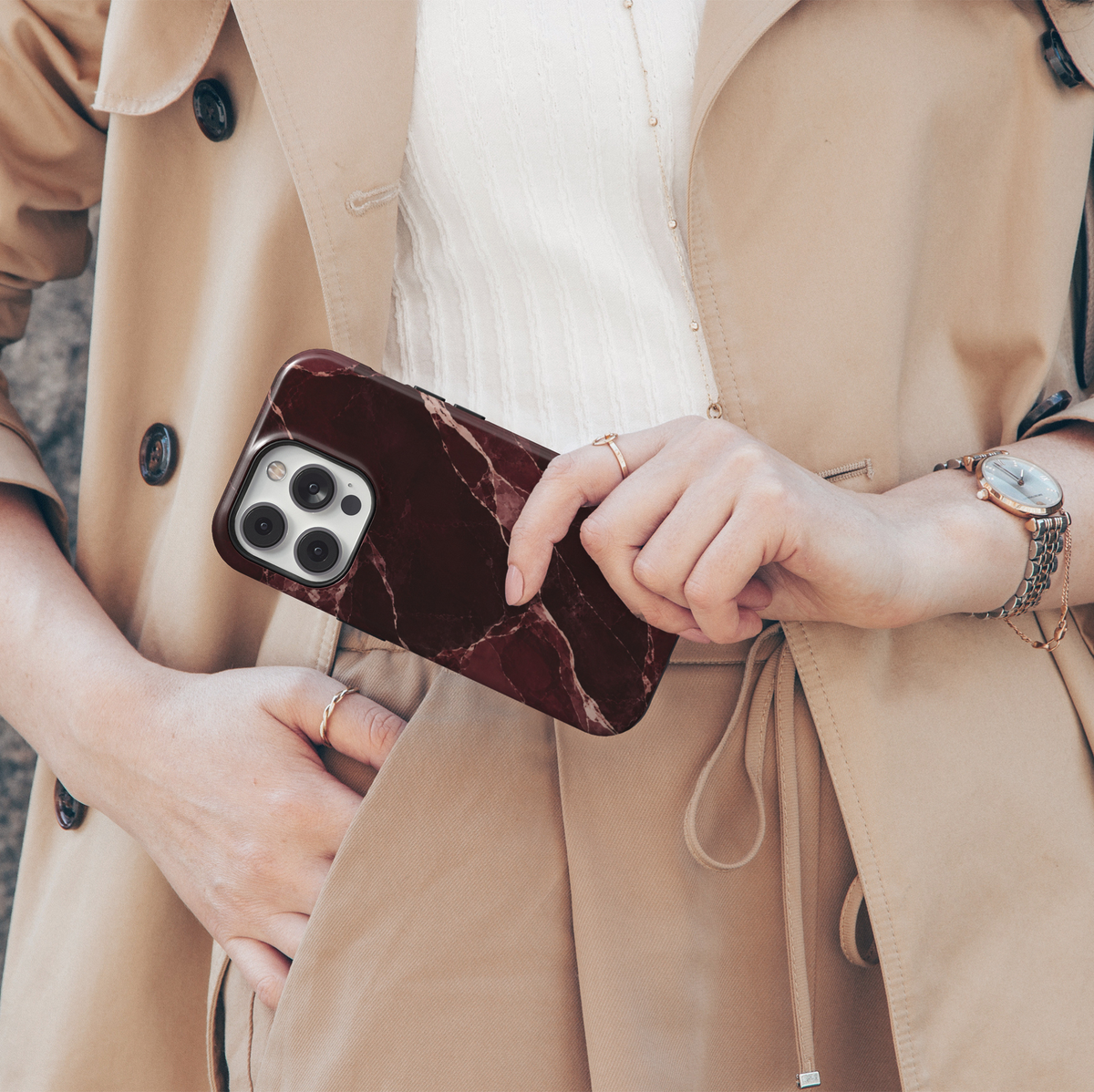 After Hours burgundy marble iPhone 18 Pro Max MagSafe case featuring deep wine, dark cherry and merlot marble with blush veining, an elegant luxury protective tough iPhone 18 Pro phone case with a sophisticated red marble design and MagSafe compatibility.