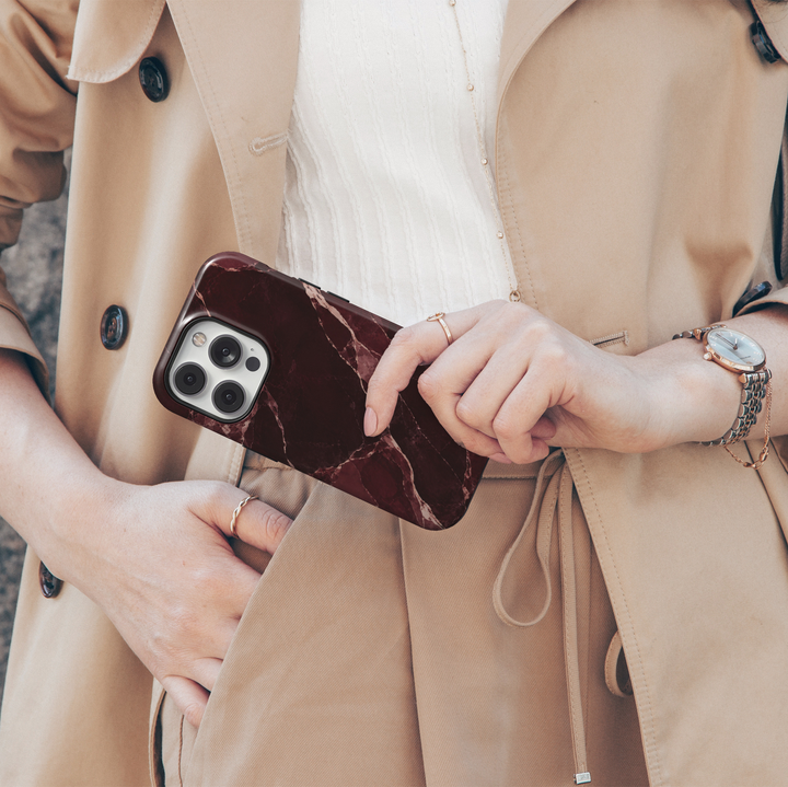 After Hours burgundy marble iPhone 18 Pro Max MagSafe case featuring deep wine, dark cherry and merlot marble with blush veining, an elegant luxury protective tough iPhone 18 Pro phone case with a sophisticated red marble design and MagSafe compatibility.