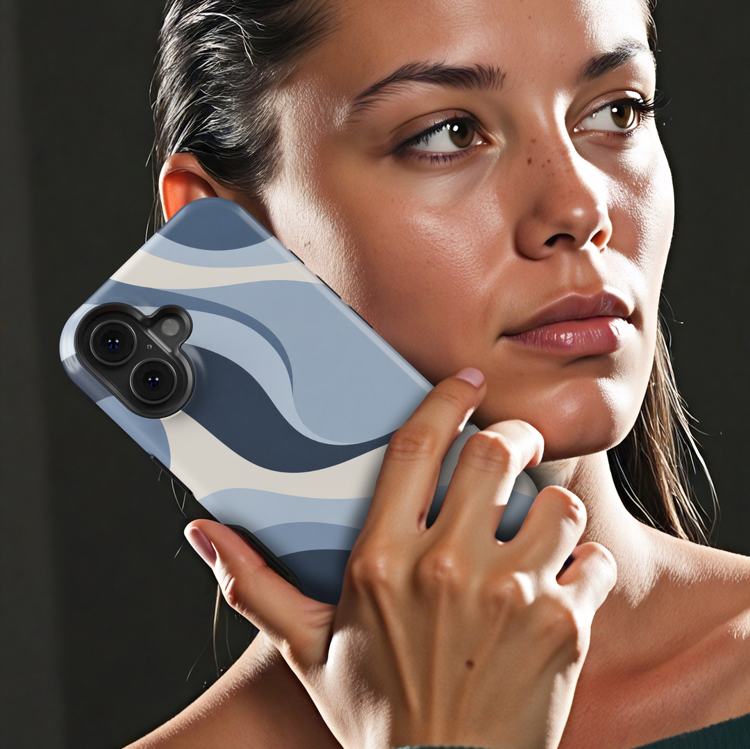 Blue Hour abstract iPhone 18 Pro Max MagSafe case featuring flowing powder blue, navy blue and ivory cream waves, a modern minimalist protective tough iPhone 18 Pro phone case with an aesthetic abstract design and MagSafe compatibility.