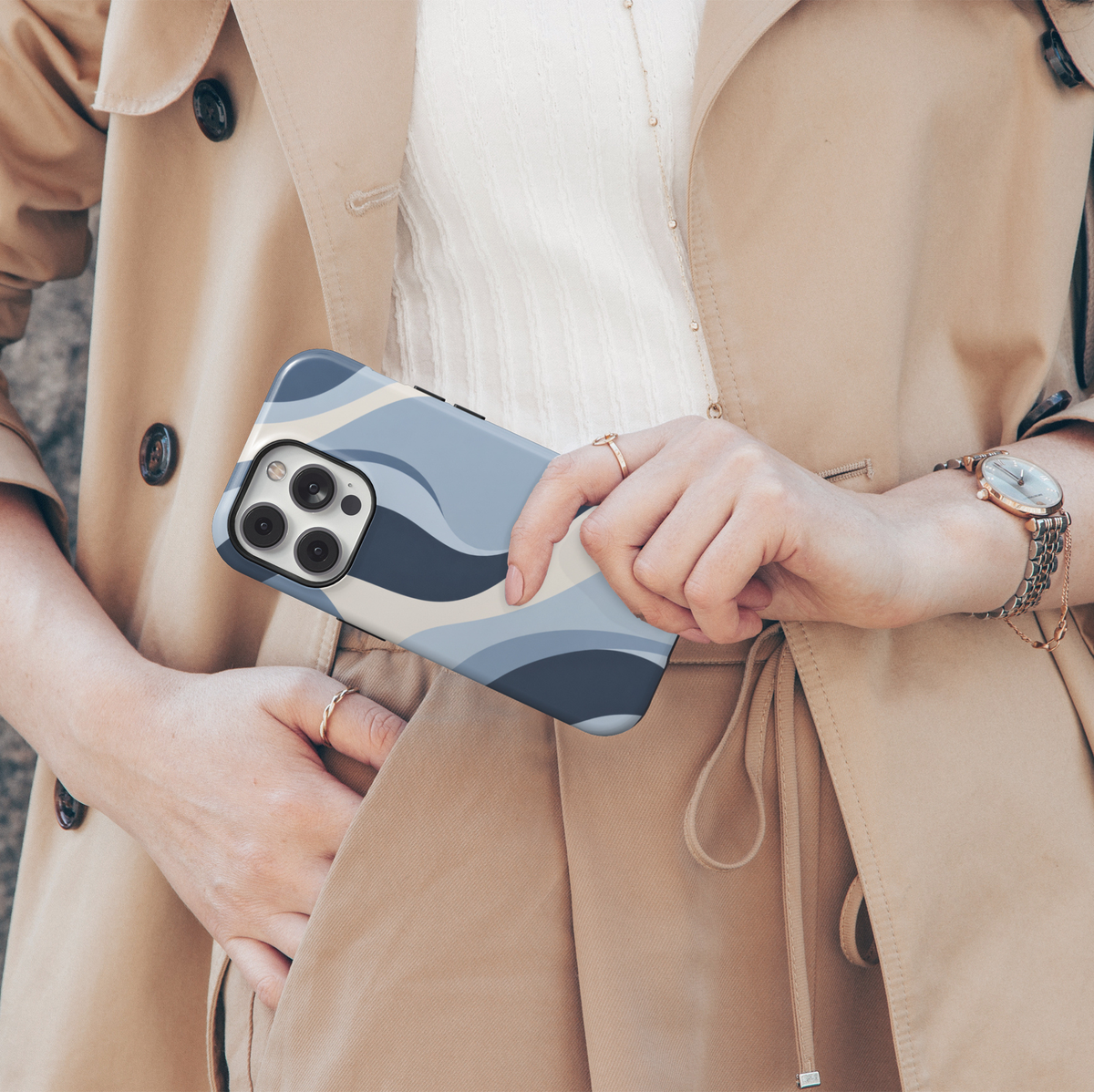 Blue Hour abstract iPhone 18 Pro Max MagSafe case featuring flowing powder blue, navy blue and ivory cream waves, a modern minimalist protective tough iPhone 18 Pro phone case with an aesthetic abstract design and MagSafe compatibility.