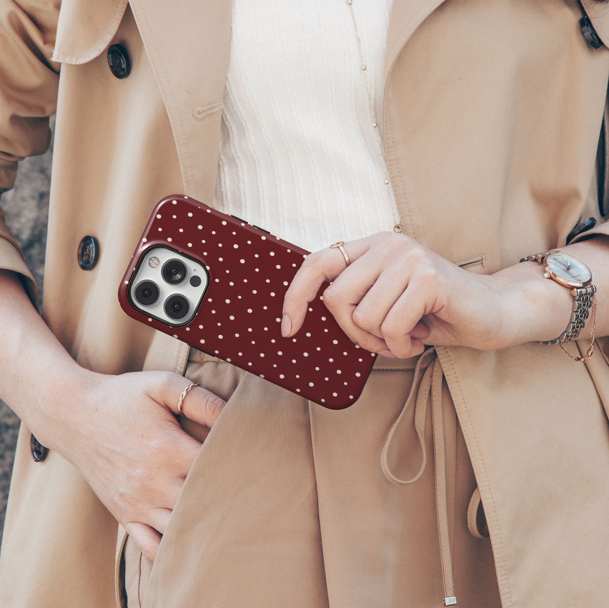 Cherry On Top dark cherry iPhone 18 Pro Max MagSafe case with scattered uneven cream polka dots on a deep burgundy red background, a cute preppy protective tough iPhone 18 Pro phone case with a feminine dotted design and MagSafe compatibility.