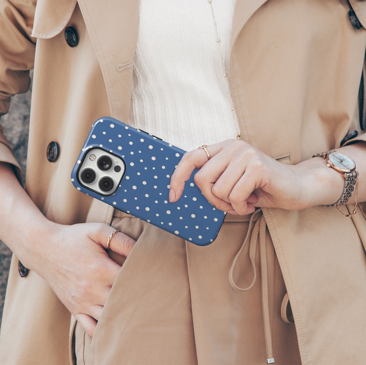 Sunday Best blue polka dot iPhone 18 Pro Max MagSafe case featuring uneven cream dots on a muted dusty blue background, cute preppy protective tough iPhone 18 Pro phone case with stylish feminine designer pattern and MagSafe compatibility.