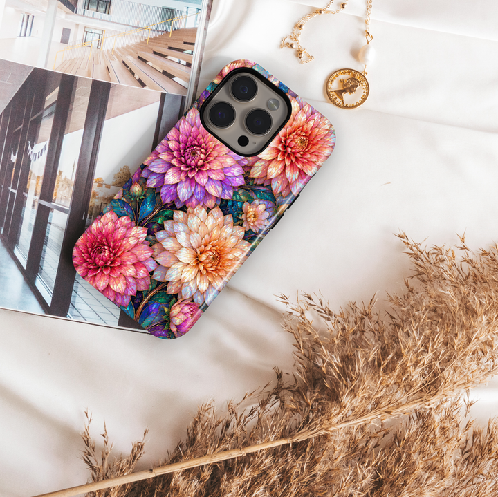 Opal Dahlia iPhone 18 Pro Max MagSafe case featuring oversized iridescent pink, lavender, peach and pearlescent dahlia flowers with rich teal and emerald foliage, a luxurious stained-glass-inspired tough iPhone 18 Pro floral phone case with MagSafe compatibility.