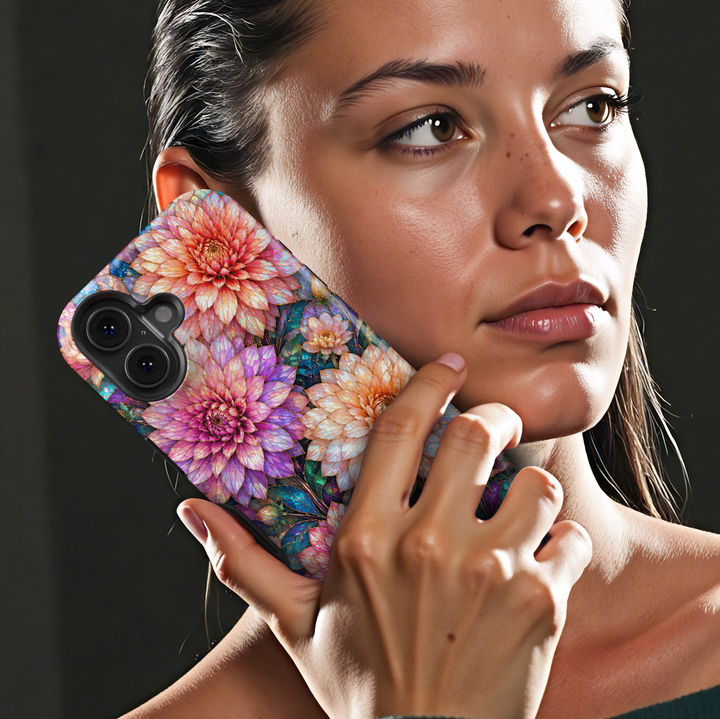 Opal Dahlia iPhone 18 Pro Max MagSafe case featuring oversized iridescent pink, lavender, peach and pearlescent dahlia flowers with rich teal and emerald foliage, a luxurious stained-glass-inspired tough iPhone 18 Pro floral phone case with MagSafe compatibility.