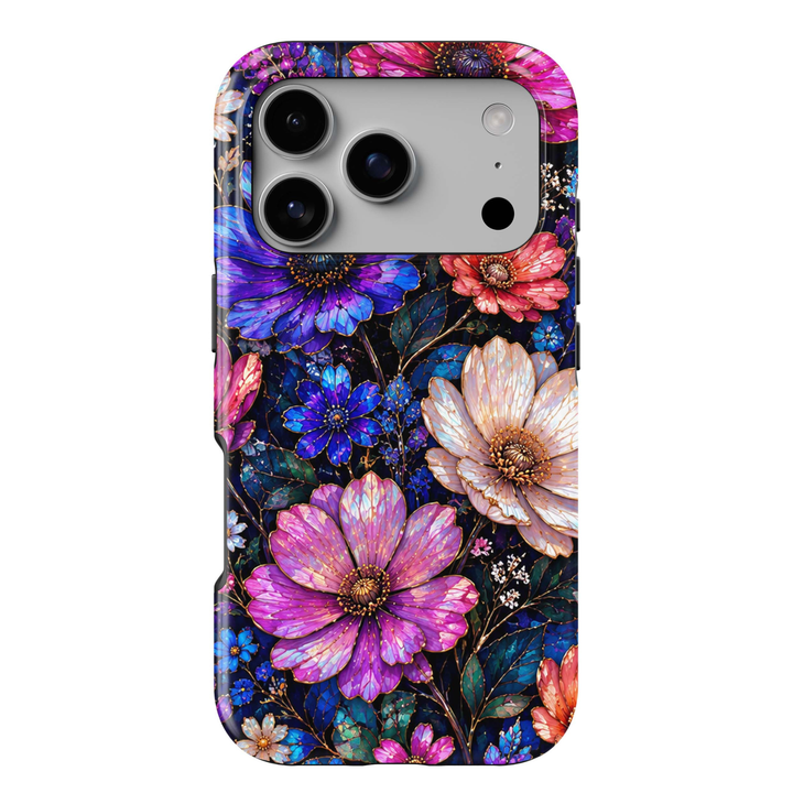Midnight Wildflower iPhone 18 Pro Max MagSafe case featuring jewel-toned pink, purple, blue, coral and ivory flowers with deep teal foliage on a dark midnight background, a luxurious stained-glass-inspired tough iPhone 18 Pro floral phone case with MagSafe compatibility.