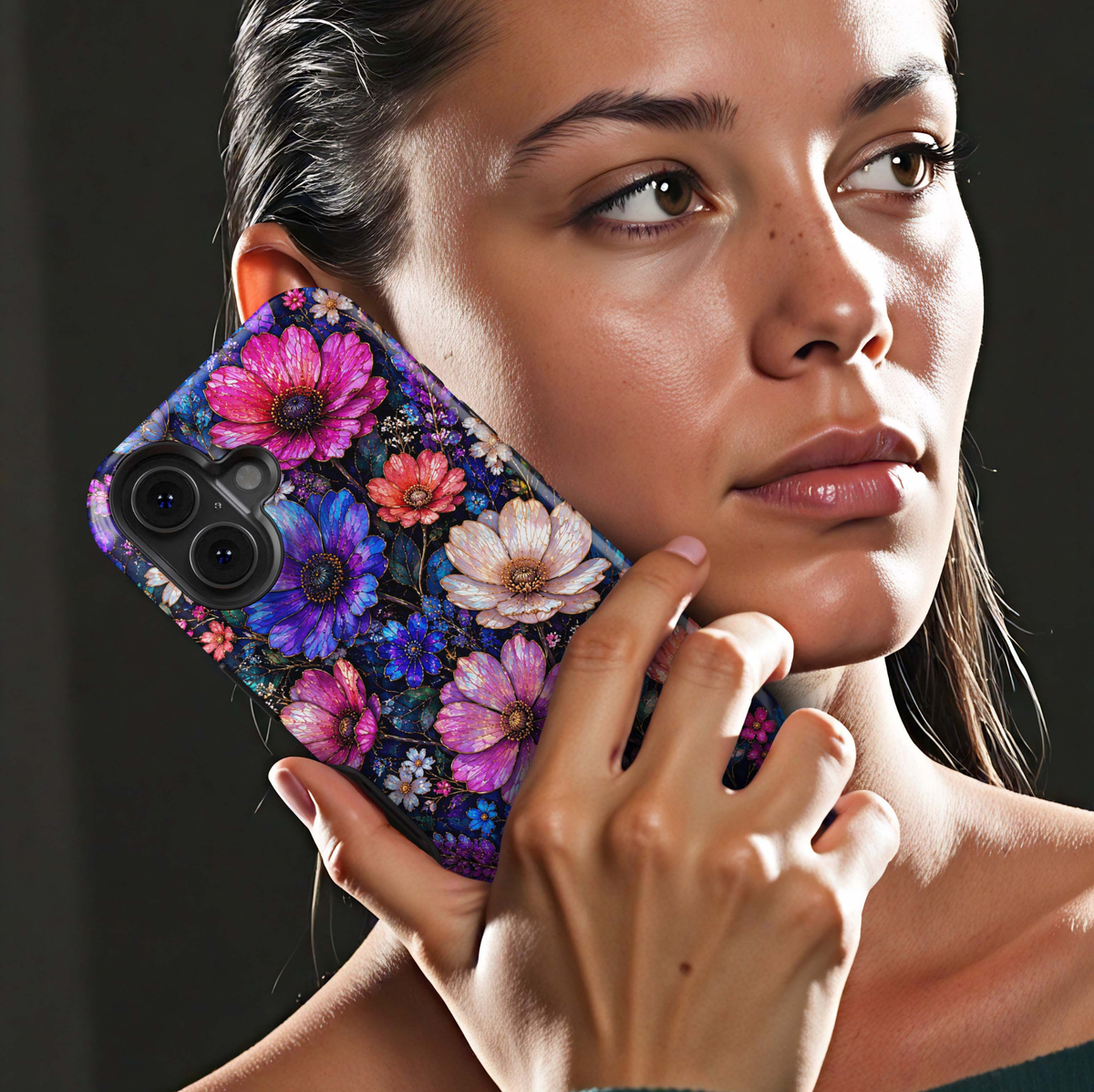 Midnight Wildflower iPhone 18 Pro Max MagSafe case featuring jewel-toned pink, purple, blue, coral and ivory flowers with deep teal foliage on a dark midnight background, a luxurious stained-glass-inspired tough iPhone 18 Pro floral phone case with MagSafe compatibility.