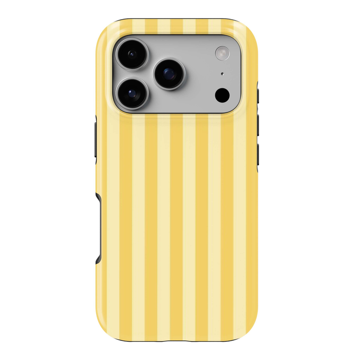 Lemon Chiffon iPhone 18 Pro Max MagSafe case featuring vertical butter yellow, lemon and creamy pastel stripes, a preppy minimalist tough iPhone 18 Pro phone case with soft yellow aesthetic and MagSafe compatibility.