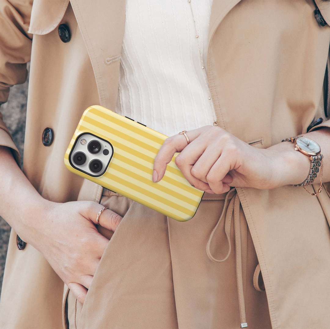 Lemon Chiffon iPhone 18 Pro Max MagSafe case featuring vertical butter yellow, lemon and creamy pastel stripes, a preppy minimalist tough iPhone 18 Pro phone case with soft yellow aesthetic and MagSafe compatibility.