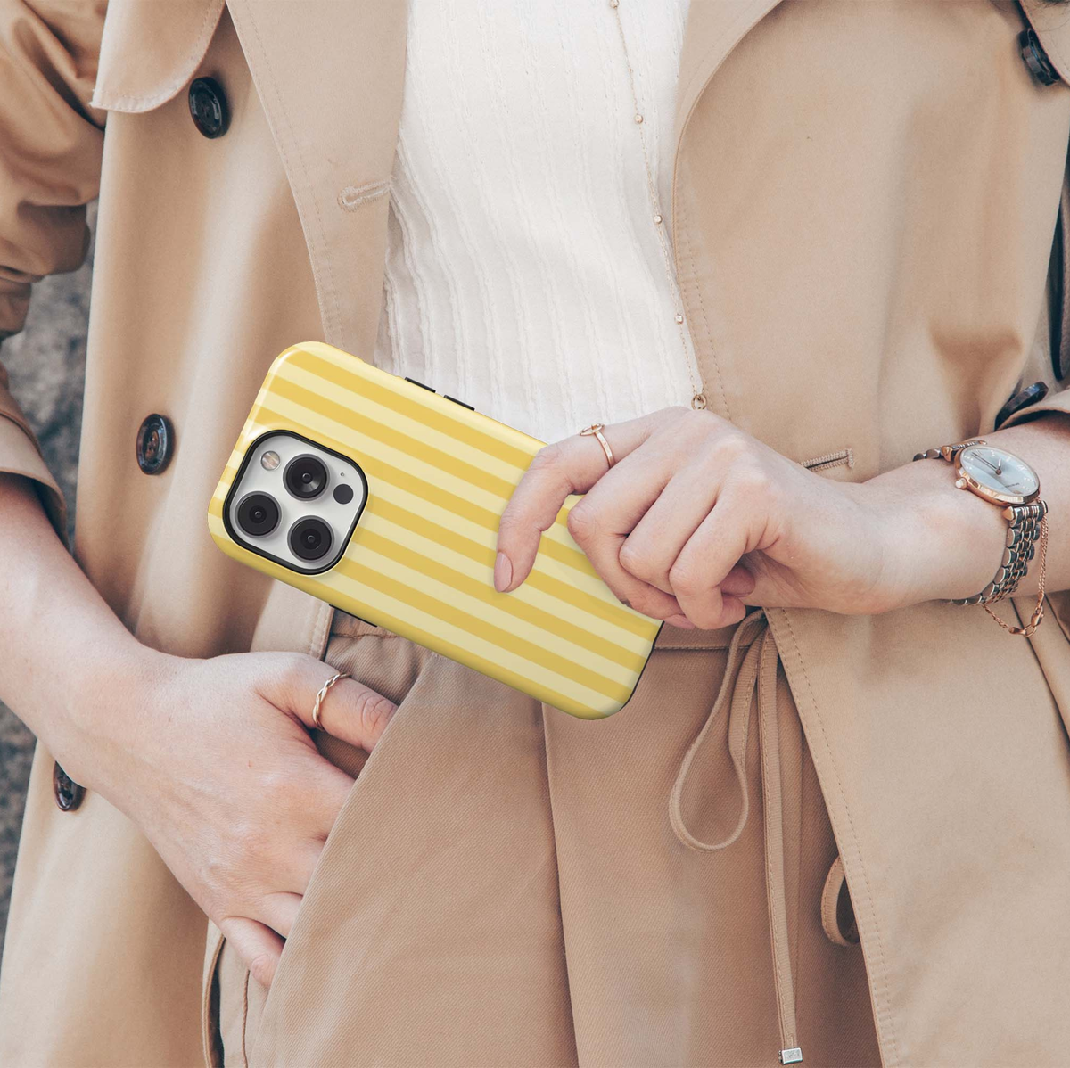 Lemon Chiffon iPhone 18 Pro Max MagSafe case featuring vertical butter yellow, lemon and creamy pastel stripes, a preppy minimalist tough iPhone 18 Pro phone case with soft yellow aesthetic and MagSafe compatibility.