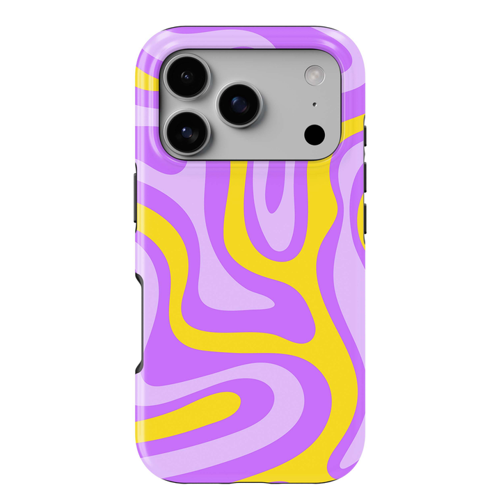 Lemon Lavender iPhone 18 Pro Max MagSafe case featuring groovy abstract waves in lavender, violet, lilac and bright lemon yellow, a colorful retro tough iPhone 18 Pro phone case with bold wavy pattern and MagSafe compatibility.