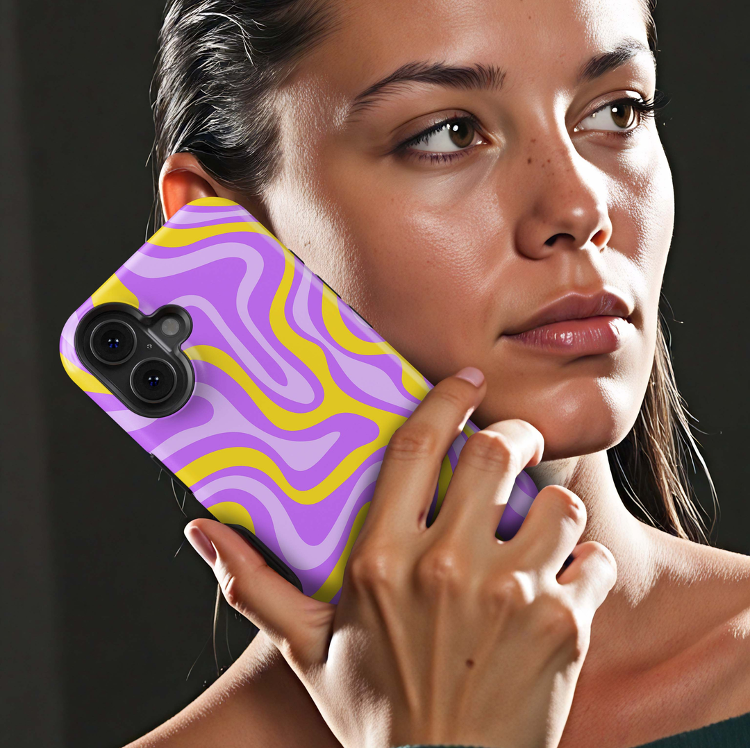 Lemon Lavender iPhone 18 Pro Max MagSafe case featuring groovy abstract waves in lavender, violet, lilac and bright lemon yellow, a colorful retro tough iPhone 18 Pro phone case with bold wavy pattern and MagSafe compatibility.