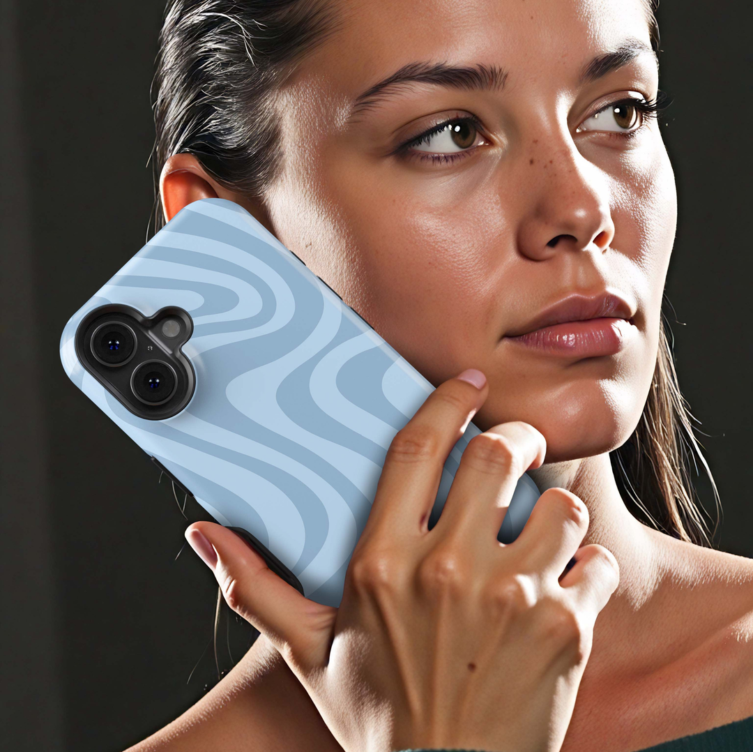 Blue Current light blue iPhone 18 Pro Max MagSafe case with oversized flowing curved waves in tonal powder blue shades, a minimalist abstract tough iPhone 18 Pro phone case with modern retro aesthetic and MagSafe compatibility.