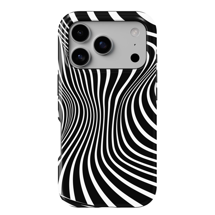 Optical Noir iPhone 18 Pro Max MagSafe case with high-contrast black and white flowing curved stripes creating a bold optical illusion pattern, a modern graphic tough iPhone 18 Pro phone case with MagSafe compatibility.
