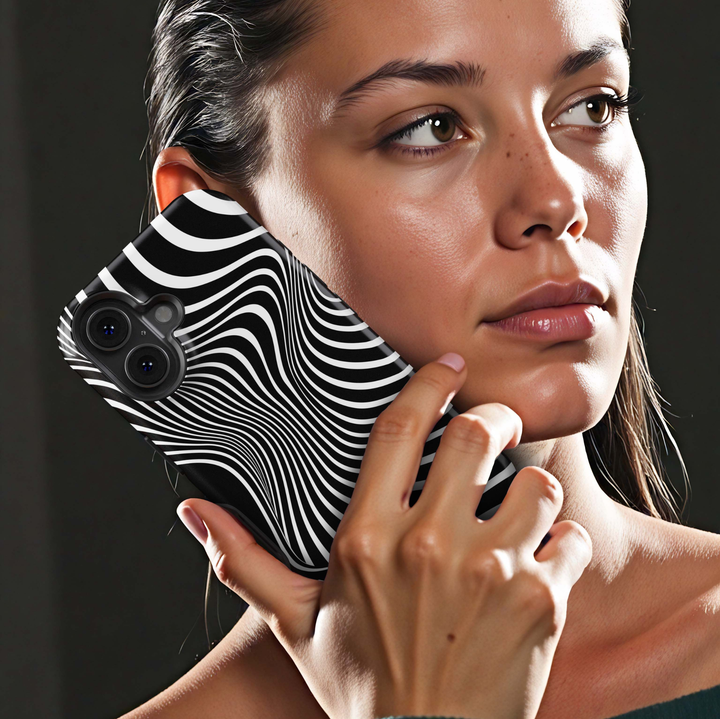 Optical Noir iPhone 18 Pro Max MagSafe case with high-contrast black and white flowing curved stripes creating a bold optical illusion pattern, a modern graphic tough iPhone 18 Pro phone case with MagSafe compatibility.