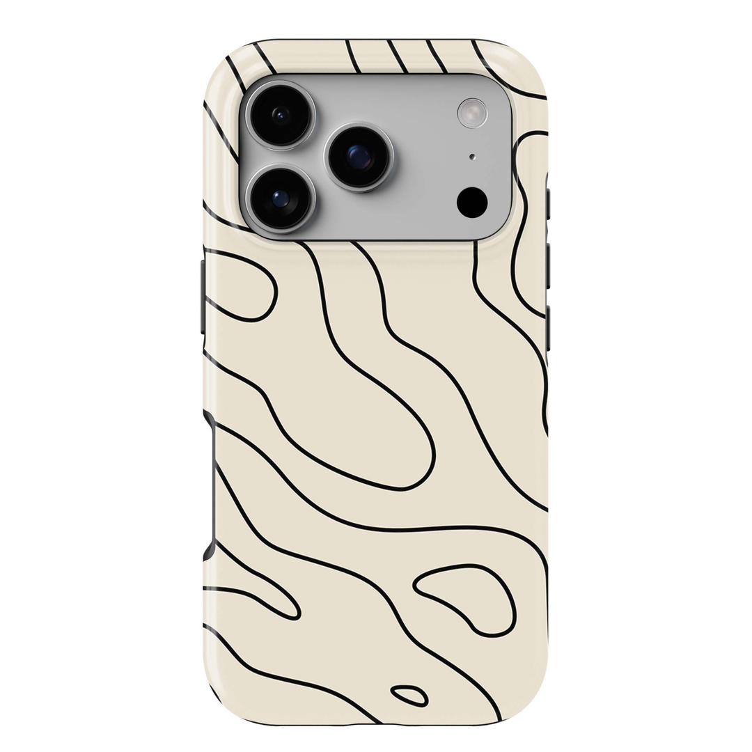 Contour Muse iPhone 18 Pro Max MagSafe case with flowing black abstract contour lines over a warm ivory cream background, a minimalist neutral tough iPhone 18 Pro phone case with modern organic line art and MagSafe compatibility.