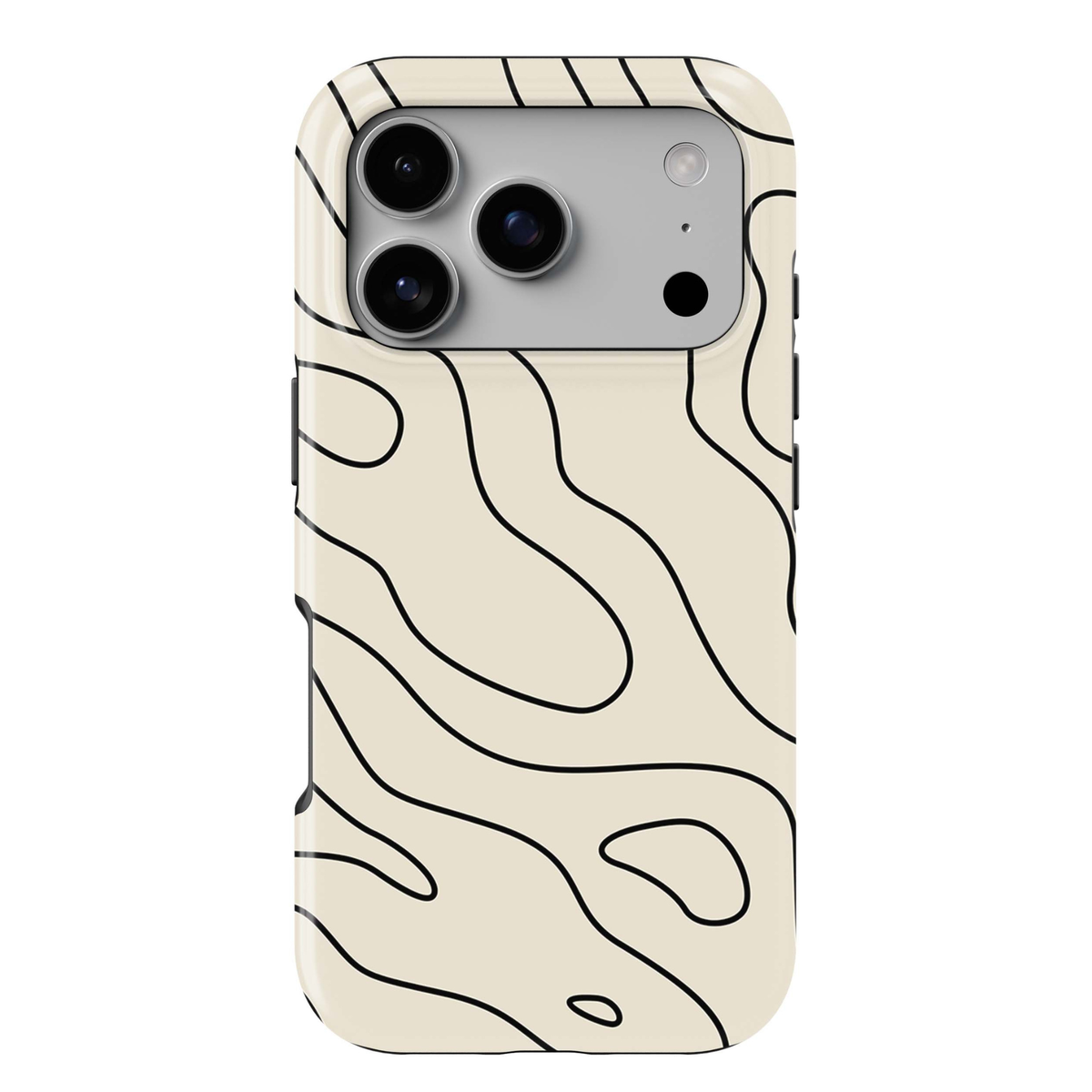 Contour Muse iPhone 18 Pro Max MagSafe case with flowing black abstract contour lines over a warm ivory cream background, a minimalist neutral tough iPhone 18 Pro phone case with modern organic line art and MagSafe compatibility.