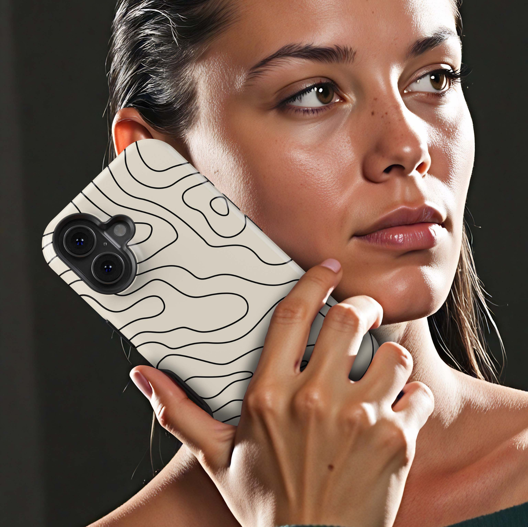Contour Muse iPhone 18 Pro Max MagSafe case with flowing black abstract contour lines over a warm ivory cream background, a minimalist neutral tough iPhone 18 Pro phone case with modern organic line art and MagSafe compatibility.