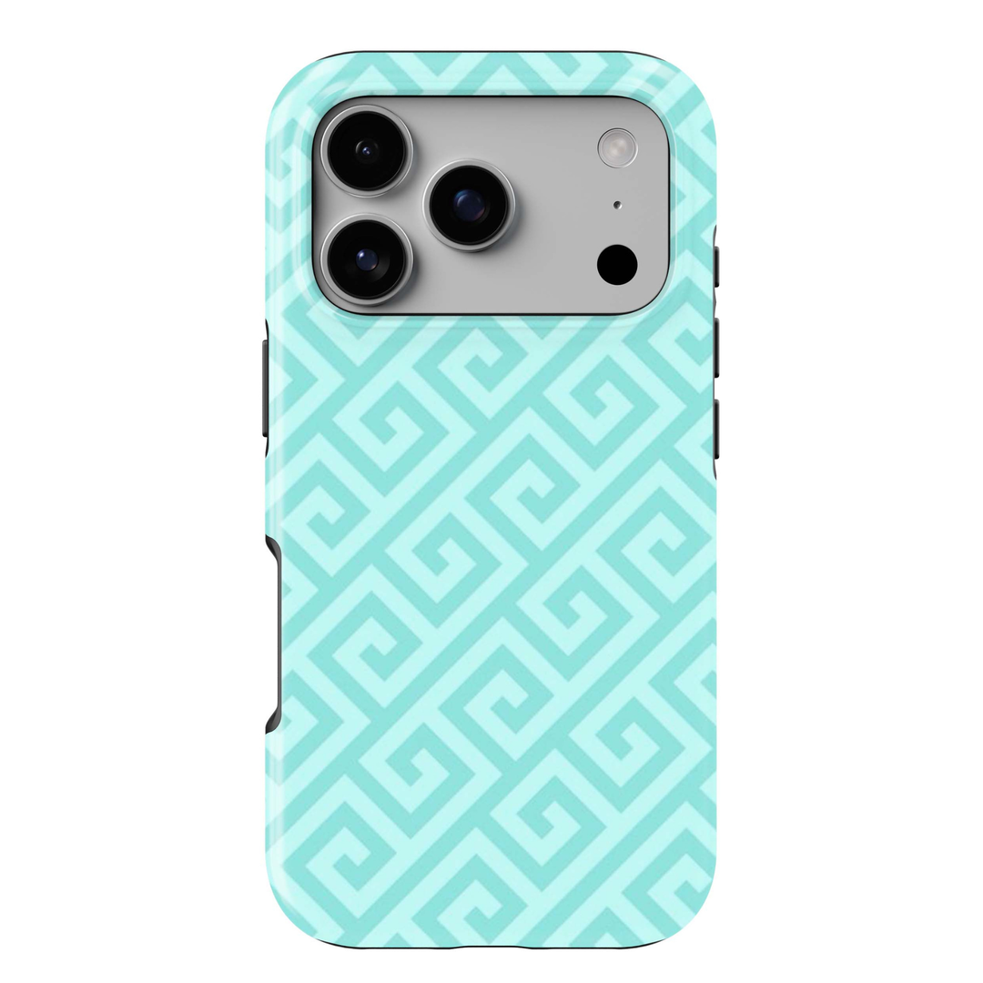 Aqua Maze iPhone 18 Pro Max MagSafe case with repeating aqua and mint geometric Greek-key maze pattern, a fresh preppy tough iPhone 18 Pro phone case with pastel turquoise aesthetic and MagSafe compatibility.