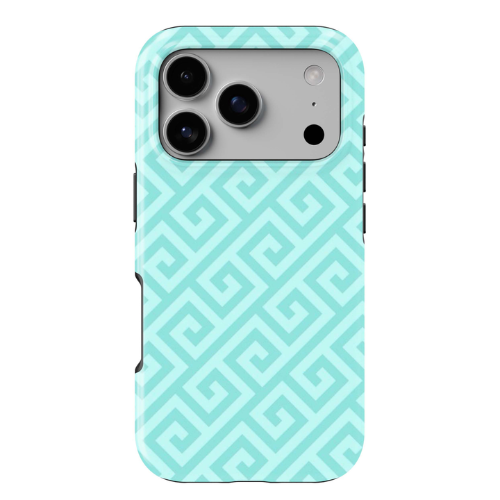 Aqua Maze iPhone 18 Pro Max MagSafe case with repeating aqua and mint geometric Greek-key maze pattern, a fresh preppy tough iPhone 18 Pro phone case with pastel turquoise aesthetic and MagSafe compatibility.
