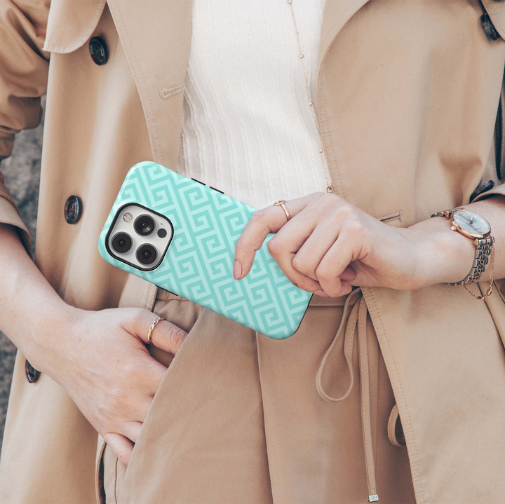 Aqua Maze iPhone 18 Pro Max MagSafe case with repeating aqua and mint geometric Greek-key maze pattern, a fresh preppy tough iPhone 18 Pro phone case with pastel turquoise aesthetic and MagSafe compatibility.