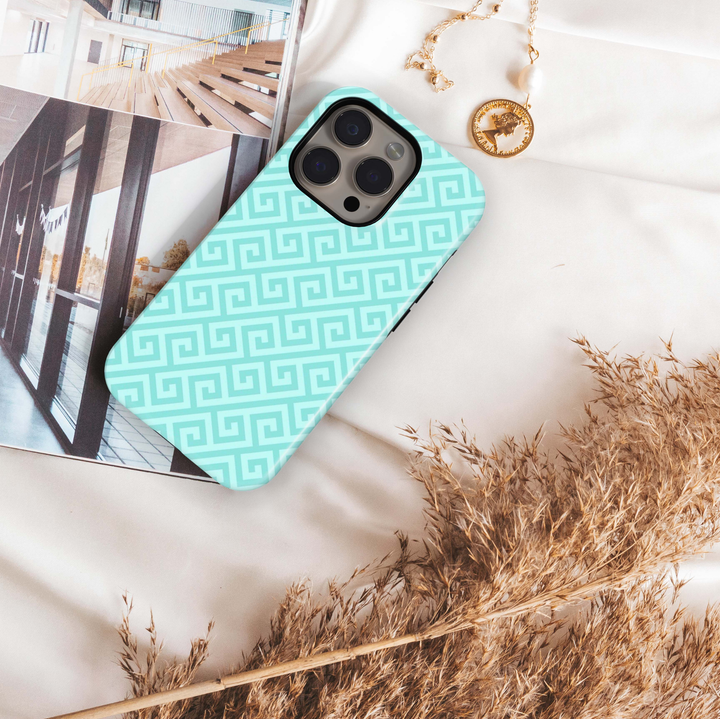 Aqua Maze iPhone 18 Pro Max MagSafe case with repeating aqua and mint geometric Greek-key maze pattern, a fresh preppy tough iPhone 18 Pro phone case with pastel turquoise aesthetic and MagSafe compatibility.