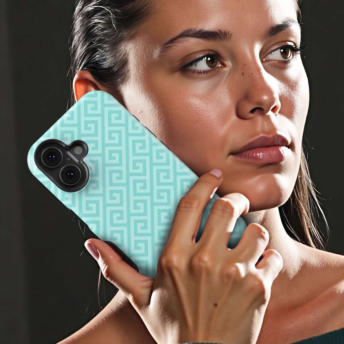 Aqua Maze iPhone 18 Pro Max MagSafe case with repeating aqua and mint geometric Greek-key maze pattern, a fresh preppy tough iPhone 18 Pro phone case with pastel turquoise aesthetic and MagSafe compatibility.