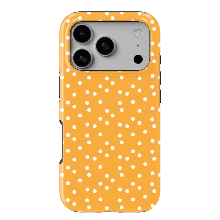 Golden Freckle orange polka dot iPhone 18 Pro Max MagSafe case with scattered white dots on a warm golden-orange background, a cute retro-inspired tough iPhone 18 Pro phone case with MagSafe compatibility.