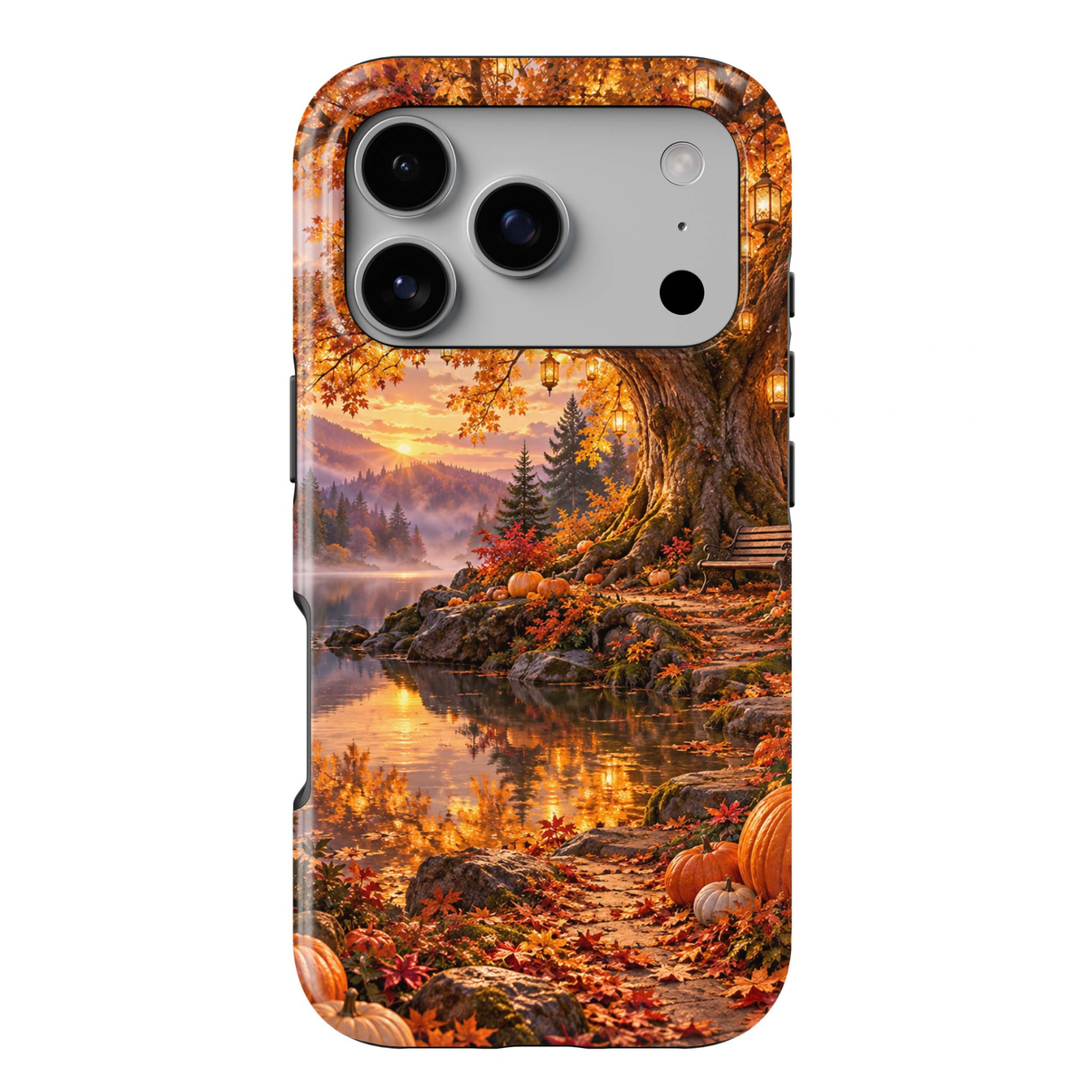 Golden Lakeside Tough iPhone Case featuring a glowing autumn lake, golden fall trees, hanging lanterns, pumpkins, a cozy bench and misty mountains at sunset.
