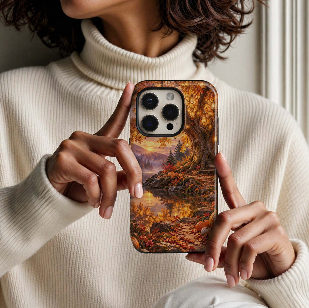 Golden Lakeside Tough iPhone Case featuring a glowing autumn lake, golden fall trees, hanging lanterns, pumpkins, a cozy bench and misty mountains at sunset.