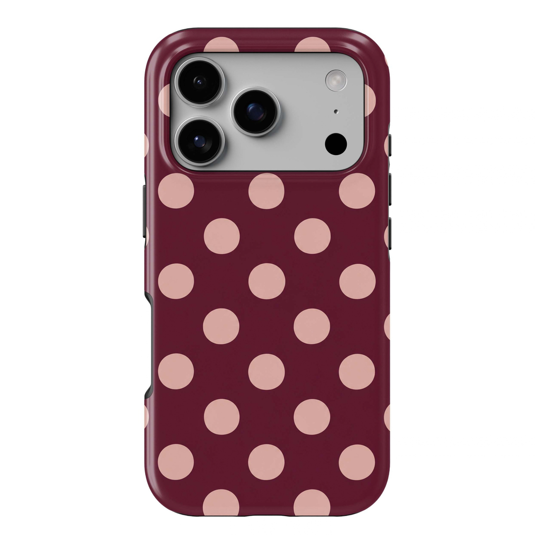 Cabernet Dot Tough iPhone Case featuring oversized soft blush pink polka dots on a rich cabernet burgundy background in a chic preppy fall design.