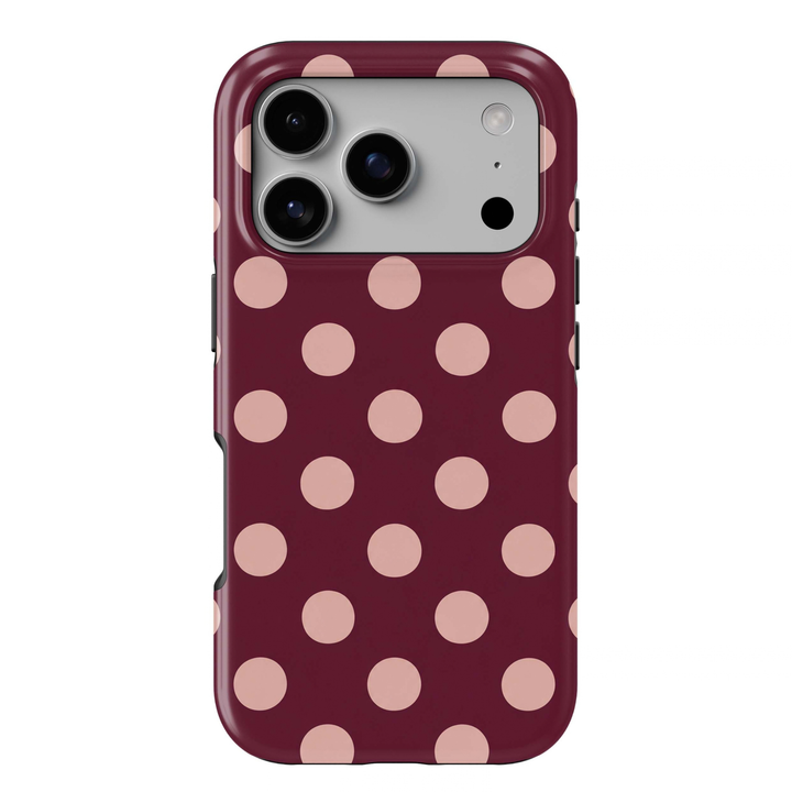 Cabernet Dot Tough iPhone Case featuring oversized soft blush pink polka dots on a rich cabernet burgundy background in a chic preppy fall design.