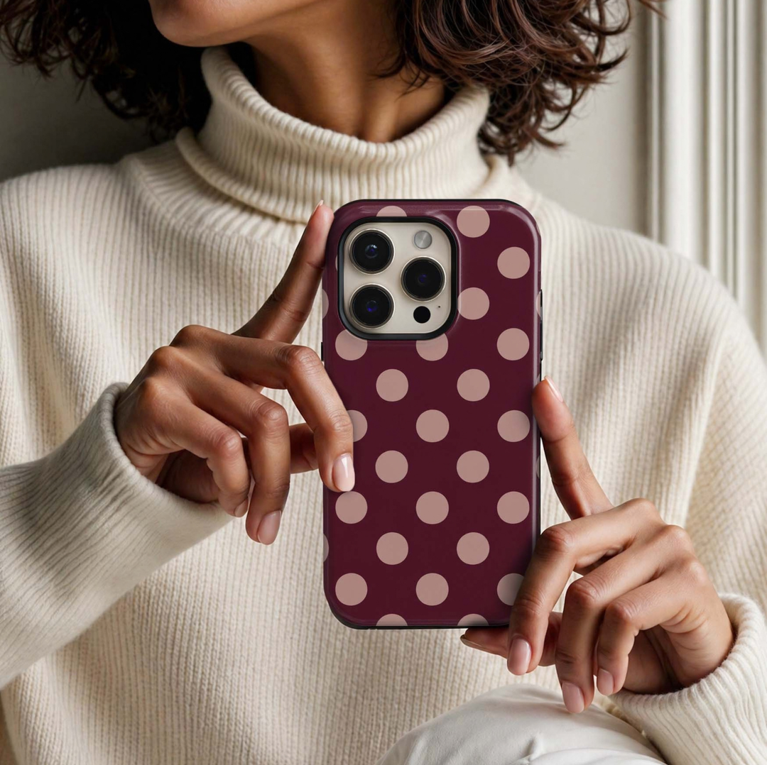 Cabernet Dot Tough iPhone Case featuring oversized soft blush pink polka dots on a rich cabernet burgundy background in a chic preppy fall design.