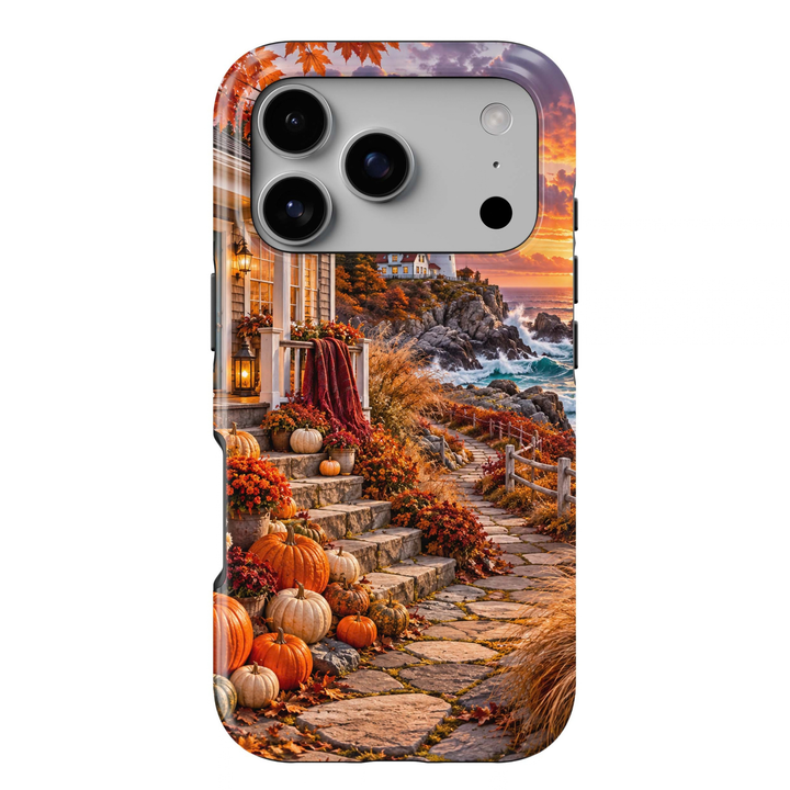 Autumn Coast Tough iPhone Case featuring pumpkins, colorful fall foliage, a cozy seaside cottage, rocky ocean shoreline, lighthouse and glowing autumn sunset.