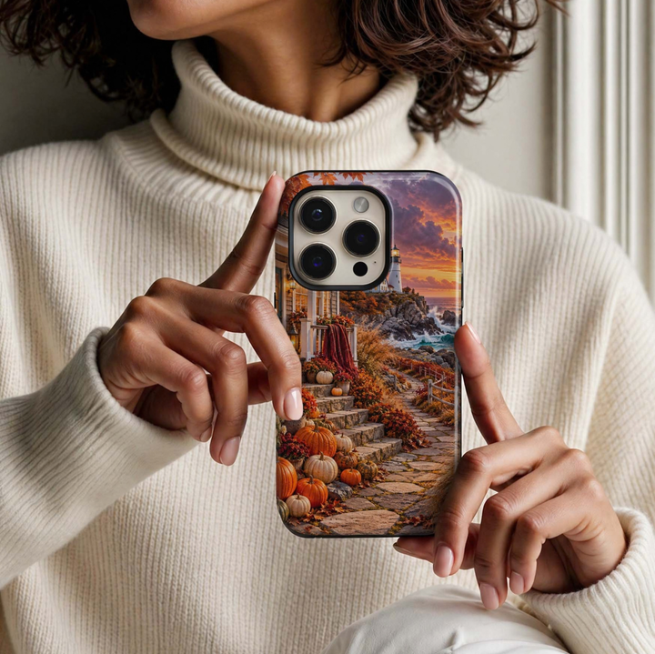 Autumn Coast Tough iPhone Case featuring pumpkins, colorful fall foliage, a cozy seaside cottage, rocky ocean shoreline, lighthouse and glowing autumn sunset.