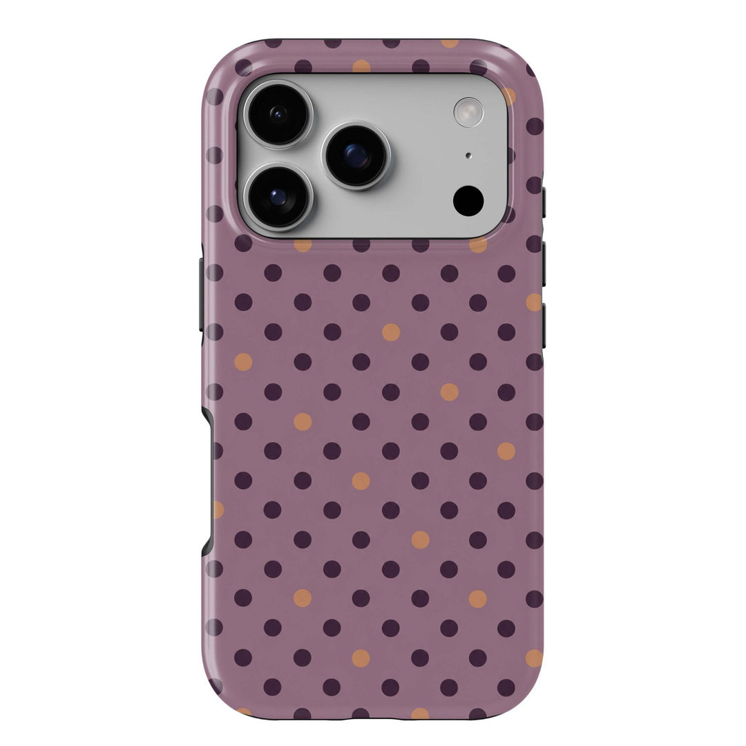 Plum Confetti Tough iPhone Case featuring deep plum and warm caramel polka dots on a dusty mauve background in a chic feminine fall design.