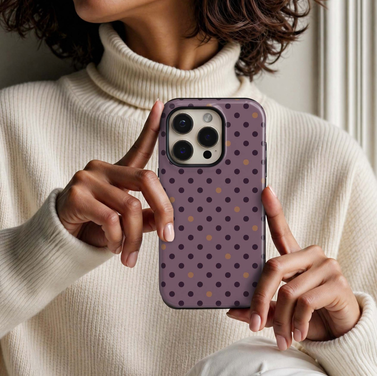Plum Confetti Tough iPhone Case featuring deep plum and warm caramel polka dots on a dusty mauve background in a chic feminine fall design.