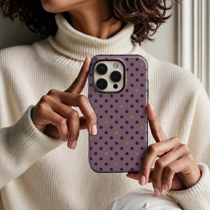 Plum Confetti Tough iPhone Case featuring deep plum and warm caramel polka dots on a dusty mauve background in a chic feminine fall design.