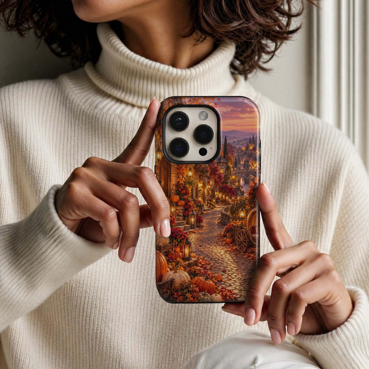 Autumn Village Tough iPhone Case featuring a cozy cobblestone village with glowing lanterns, pumpkins, colorful fall foliage, stone cottages and a warm autumn sunset.