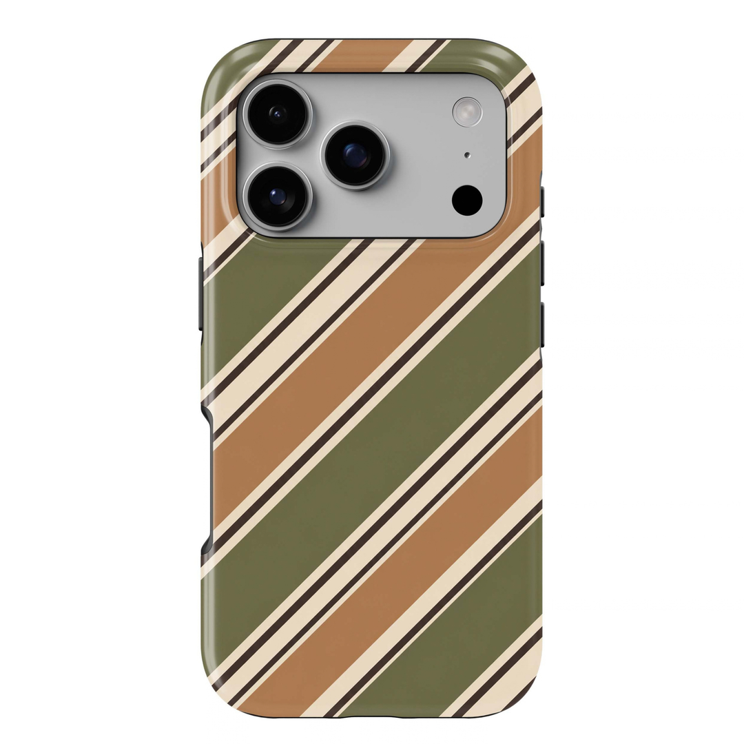 Olive Heritage Stripe Tough iPhone Case featuring diagonal olive green, caramel, ivory cream and espresso brown stripes in a sophisticated preppy fall design.